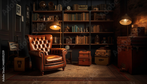 Cozy library with old books, wooden shelves, and antique lamp generated by AI