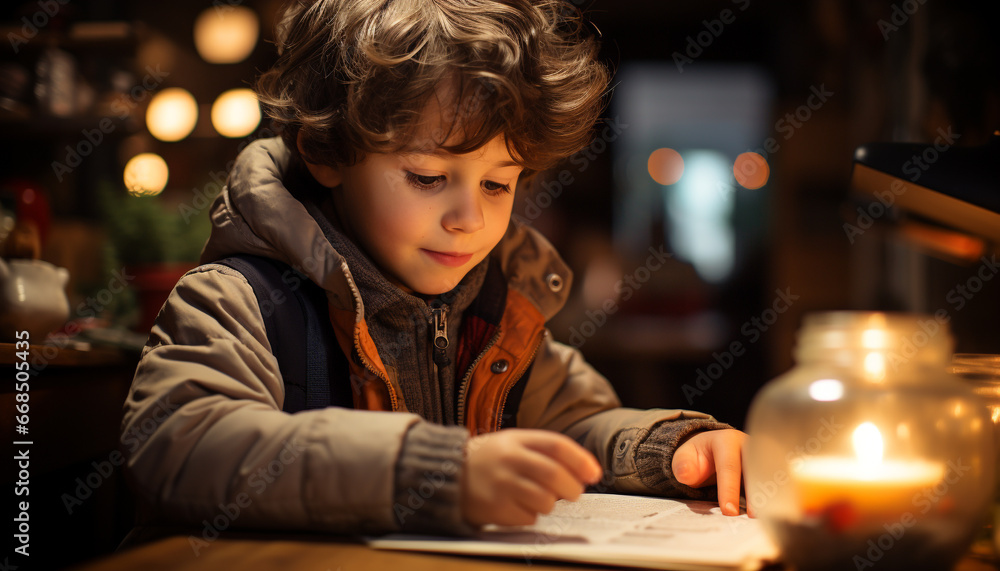 Cute boys sitting at table, smiling, holding Christmas lights generated by AI Cute boys sitting at table, smiling, holding Christmas lights generated by AI