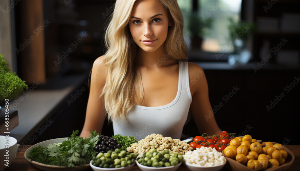 Young woman sitting at home, smiling, holding a fresh salad generated by AI