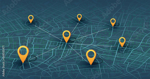 Futuristic travel gps map or location navigator vector illustration. Multiple destinations. Gps tracking map. Track navigation pins on street maps, navigate mapping technology and locate position pin.