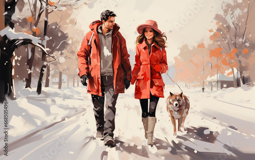 Young couple with a dog walking in winter street