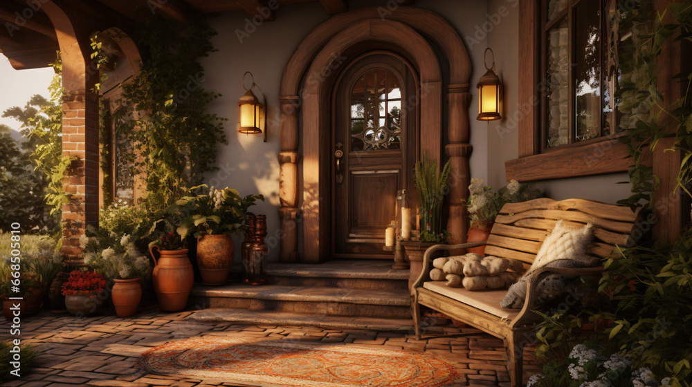 Entrance of a cozy country house warm earth tones.