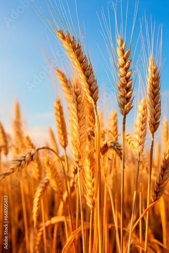 Ears of wheat in a wheat field. Generative AI 