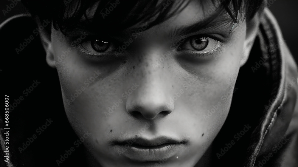 Black and White Portrait of Rebellious and Vulnerable Teenager, Age 16 Black and White Portrait of Rebellious and Vulnerable Teenager, Age 16