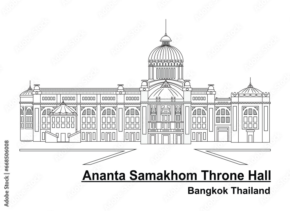 Line art vector of Ananta Samakhom Throne Hall famous marble building Bangkok Thailand drawing in black and white