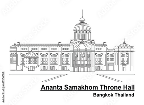 Line art vector of Ananta Samakhom Throne Hall famous marble building Bangkok Thailand drawing in black and white