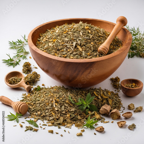 Medical herbal medicine is mixed in a wooden bowl and wooden pestle