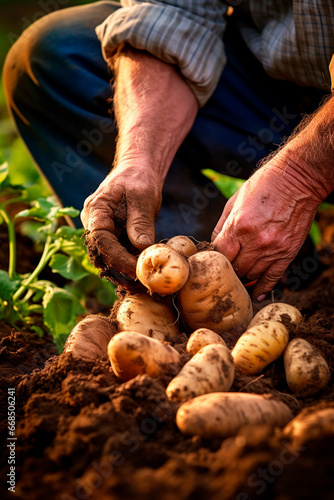 Potato harvest in the hands of a farmer. Generative AI,
