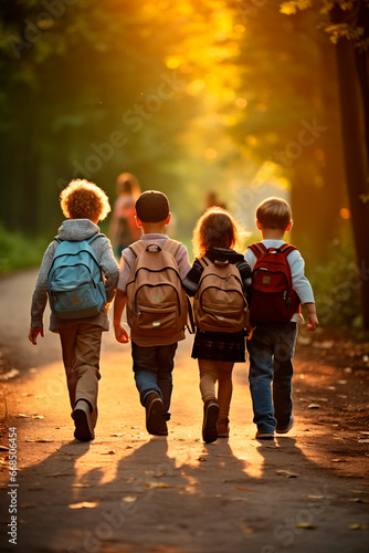 Children with backpacks go to school. Generative AI,