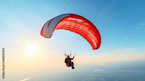 Flying with paramotor in the air on blue sky background