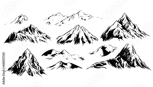 Sketch  hand drawn collection mountain peaks. Scribble. Pen  pencil  ink  hand drawn mountain peaks. Sketch mountains various shapes heights  isolated transparent background. Vector not created by AI