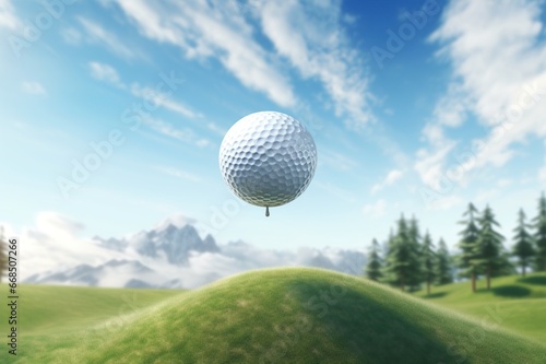 Close-up of flying golf ball over green field. Generative AI