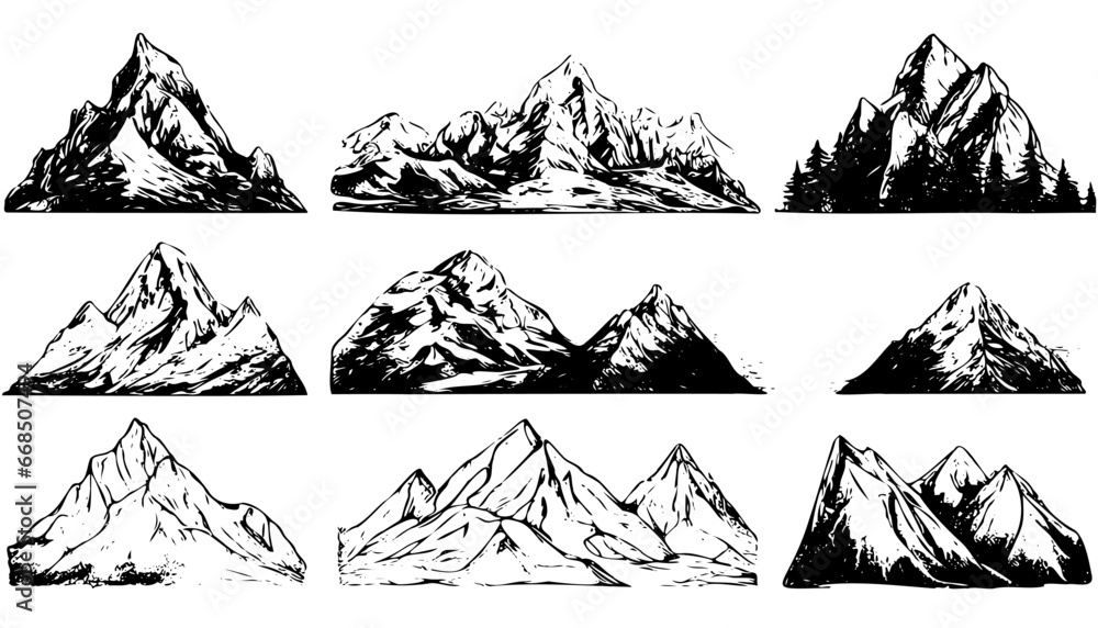 Sketch, hand drawn collection mountain peaks. Scribble. Pen, pencil, ink, hand drawn mountain peaks. Sketch mountains various shapes heights, isolated transparent background. Vector not created by AI