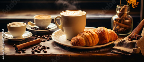 Four types of coffee with pastries on one table