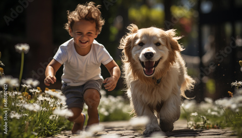 Cute child and dog playing outdoors, enjoying carefree summer generated by AI