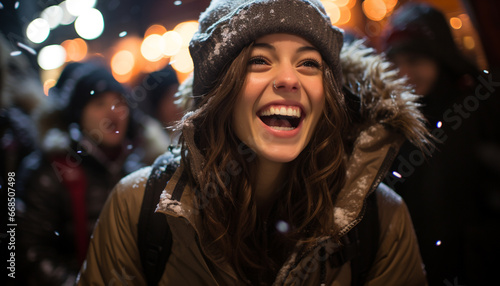 A young woman, smiling, walking in the snow at night generated by AI