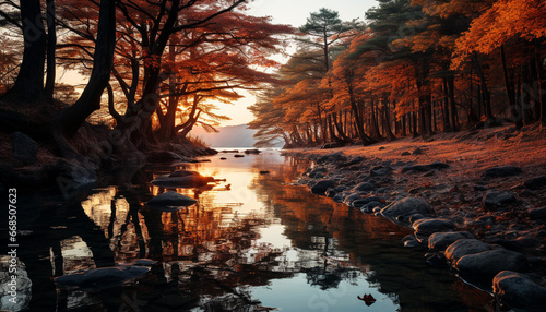 Tranquil autumn forest reflects multi colored sunset in serene pond generated by AI