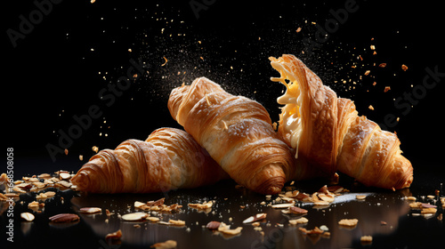 Fresh baked breakfast croissants with crumbs flying