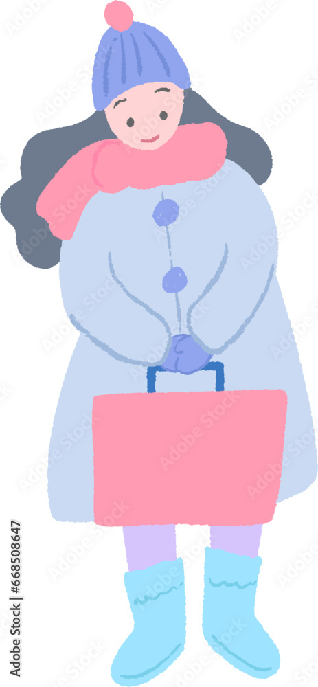 Girl wearing winter clothes and holding shopping bags, cute hand drawn illustration with texture / 冬服を着てショッピングの袋を持った女の子、テクスチャのあるかわいい手描きイラスト Girl wearing winter clothes and holding shopping bags, cute hand drawn illustration with texture / 冬服を着てショッピングの袋を持った女の子、テクスチャのあるかわいい手描きイラスト