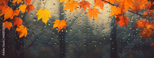 Autumn raindrops and leaves on the window. Generative AI,