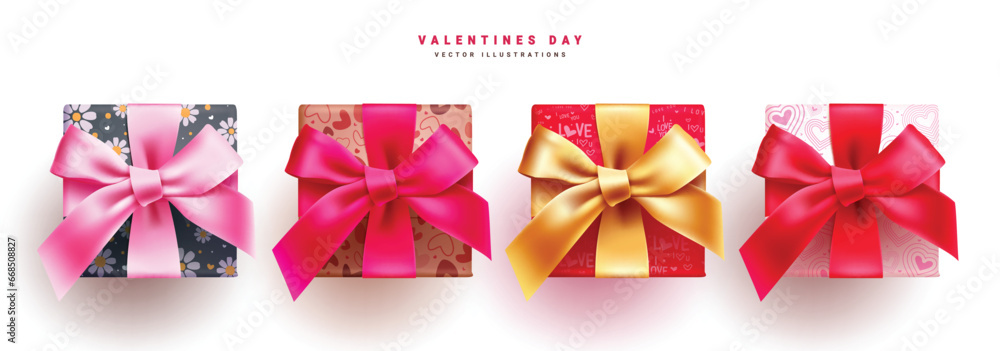 Valentine's day gifts box vector set design. Valentine's day gift boxes with floral and heart wrapper for birthday, valentine and wedding surprise present decoration elements. Vector illustration gift