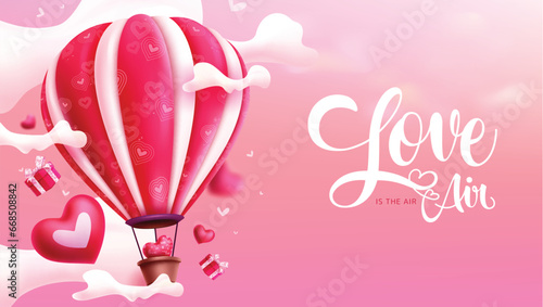 Valentine's love is in the air text vector design. Valentine's day greeting card with hot air balloon floating in the sky for romantic pink background. Vector illustration hearts day invitation card. 