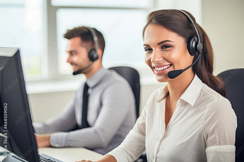 Woman with headphones and microphone at computer, customer service. Concepts of customer support, help, call center. Woman with headphones and microphone at computer, customer service. Concepts of customer support, help, call center.