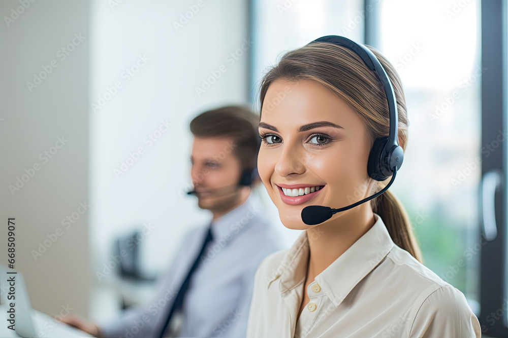 Woman with headphones and microphone at computer, customer service. Concepts of customer support, help, call center. Woman with headphones and microphone at computer, customer service. Concepts of customer support, help, call center.