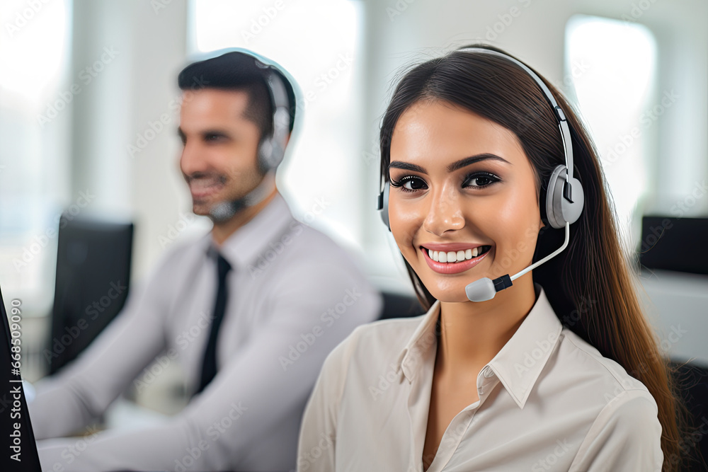 Woman with headphones and microphone at computer, customer service. Concepts of customer support, help, call center. Woman with headphones and microphone at computer, customer service. Concepts of customer support, help, call center.
