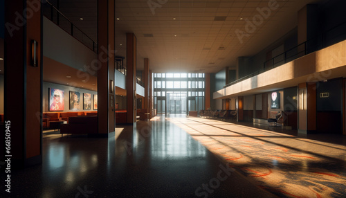 Modern office corridor with bright lighting and glass walls generated by AI