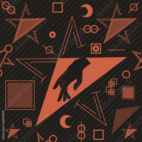 Trendy Mystical neo geo Apricot crush art style Tarot cards with black Hand. Masonic symbol Geometric modern artwork. Contemporary design for t-shirt notebook print. Vector illustration retro style.