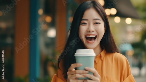 Portrait of joyful Asian woman enjoy a cup of coffee in the morning.