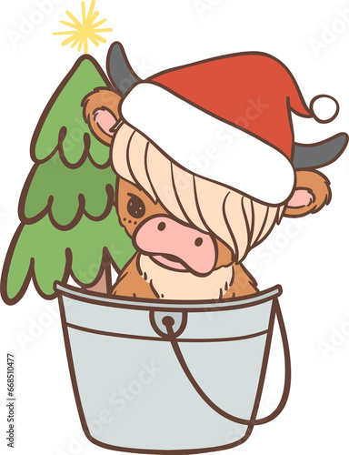 Baby Highland cow with Santa hat Christmas, in bucket photo