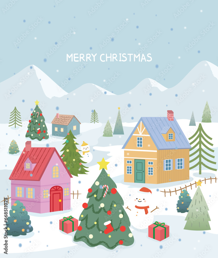 Merry Christmas illustration on a snowy winter background with a Christmas tree