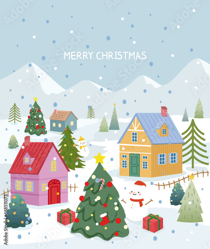 Merry Christmas illustration on a snowy winter background with a Christmas tree