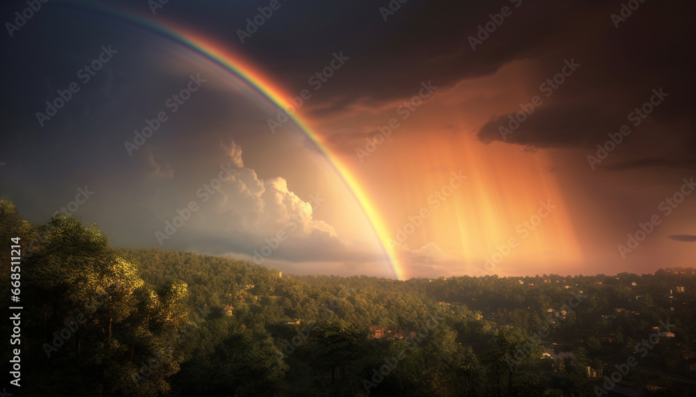 Sunset sky, rainbow over forest, vibrant autumn landscape beauty generated by AI