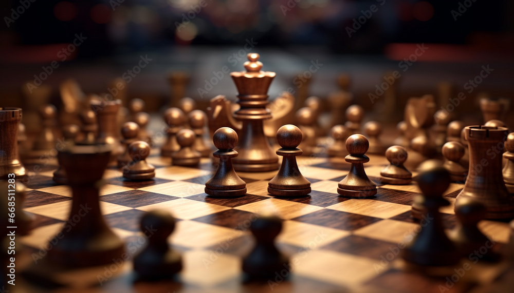 Chess board, king, knight, rook, pawn, battle generated by AI Chess board, king, knight, rook, pawn, battle generated by AI