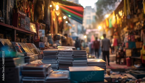 Busy bookstore illuminated at night, selling a variety of literature generated by AI