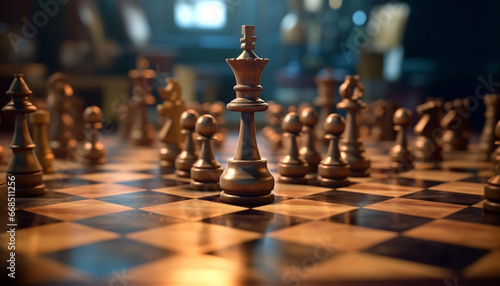 Chess board battle king intelligence conquers adversity, defeating rival pawn generated by AI