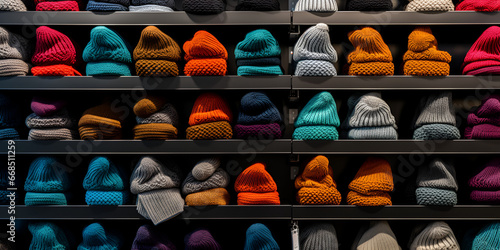 Different models of hats on mannequins in stores,Warm clothing neatly folded on a shelf.Hats on mannequins, Store display, Hat store, Retail fashion, Mannequin heads,