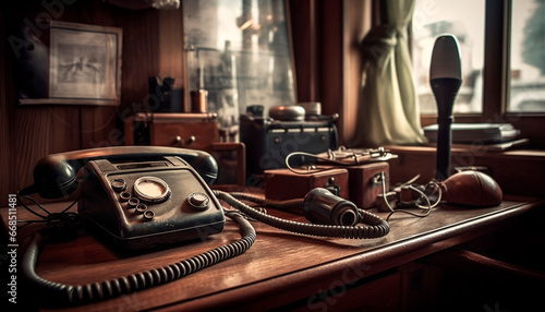 Old fashioned telephone on wooden table, a nostalgic communication equipment generated by AI