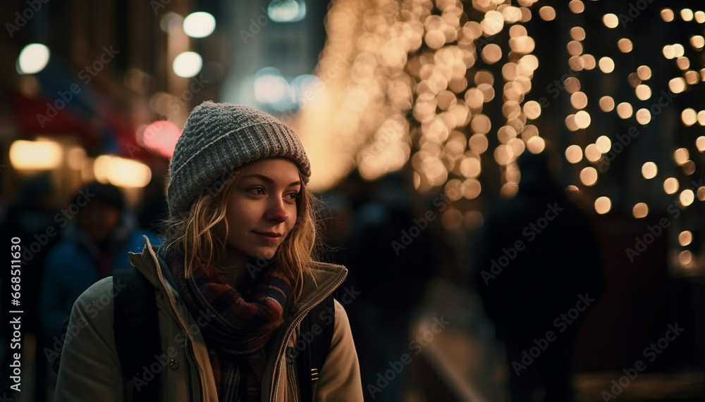 Young adults, outdoors at night, smiling, wearing warm clothing generated by AI