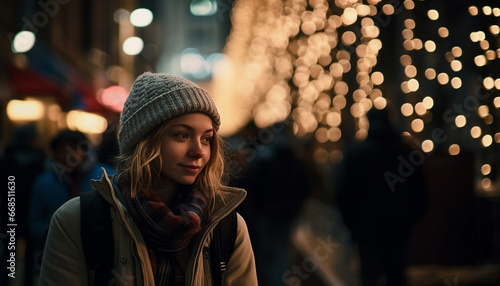 Young adults, outdoors at night, smiling, wearing warm clothing generated by AI