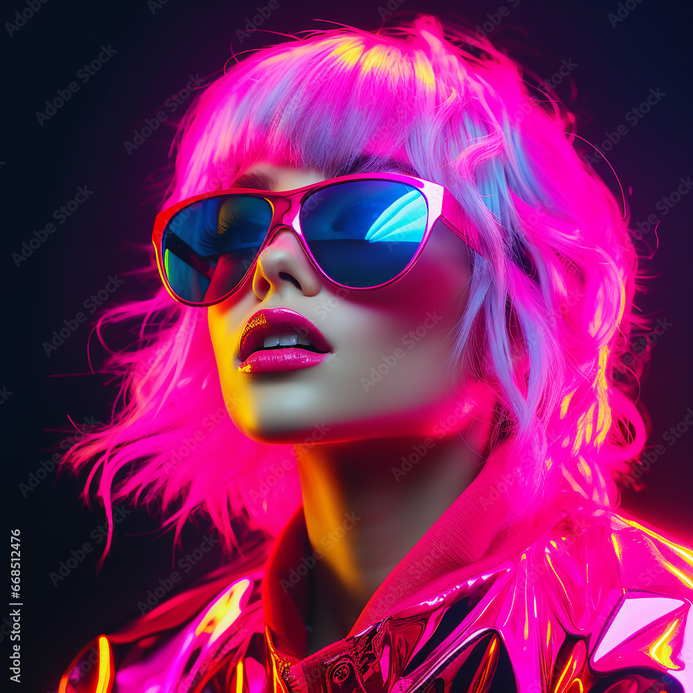 Portrait of a stylish African American young woman model on a neon bright background. Party style