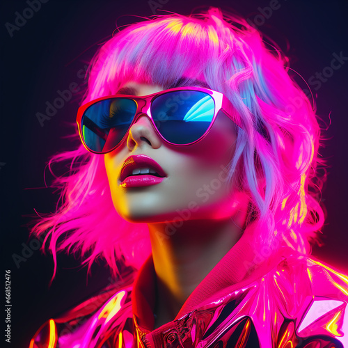 Portrait of a stylish African American young woman model on a neon bright background. Party style