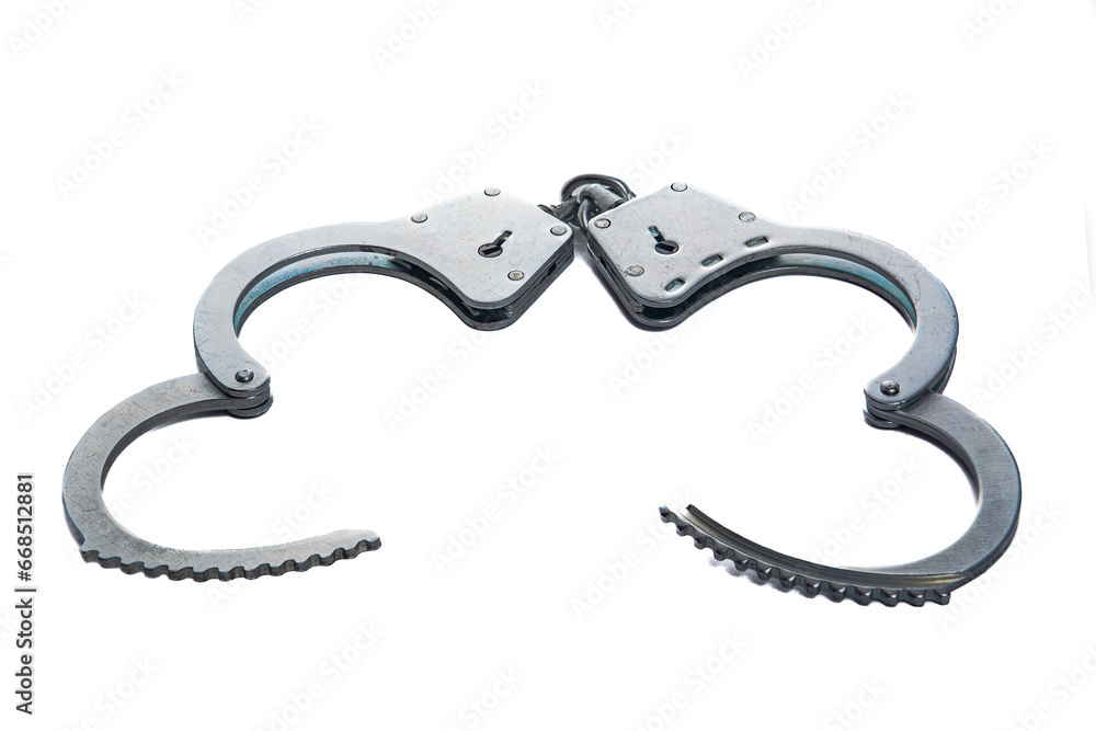 Metal handcuffs on a white isolated background, copy space Metal handcuffs on a white isolated background, copy space