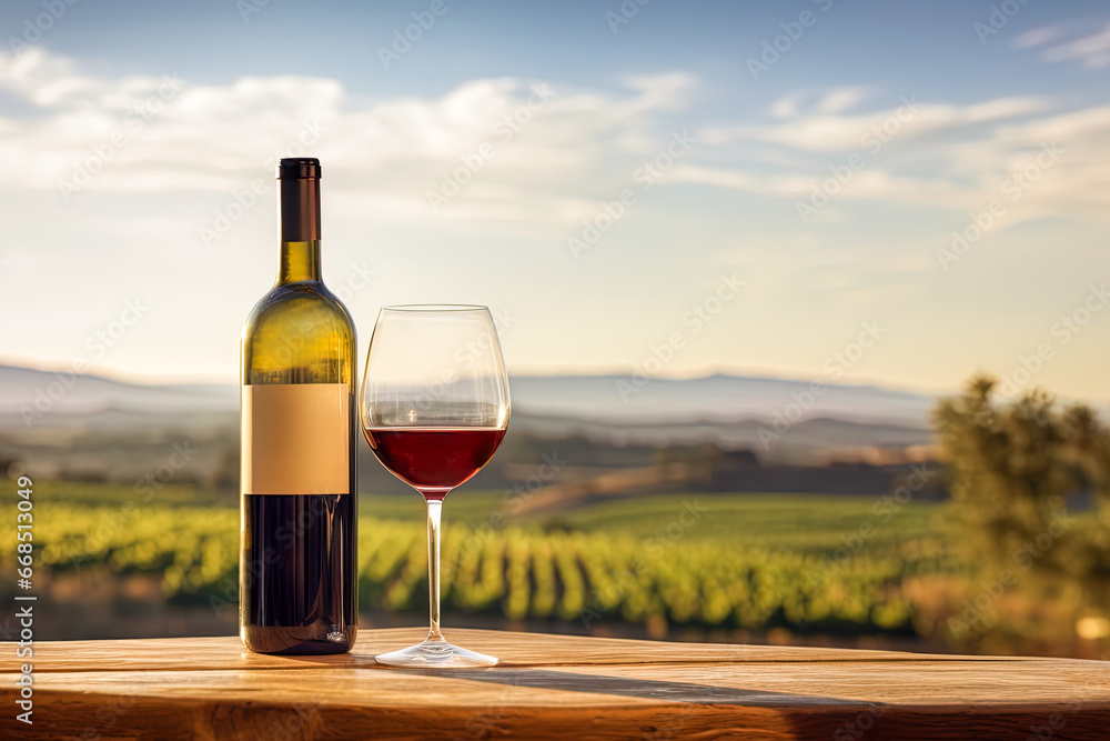 Red wine bottle mock up with empty white label, glass, promotion, advertising, vineyards at sunset Red wine bottle mock up with empty white label, glass, promotion, advertising, vineyards at sunset