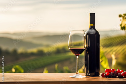 Red wine bottle mock up without label, glass, promotion, advertising, vineyards at sunset photo