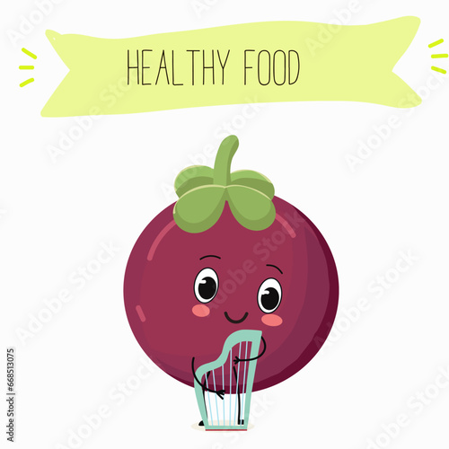 Vector cartoon character mangosteen, funny vegetables, fruits. Fresh harvest, exotic, organic, vegetarian products, children's birthday, price tag, sticker.