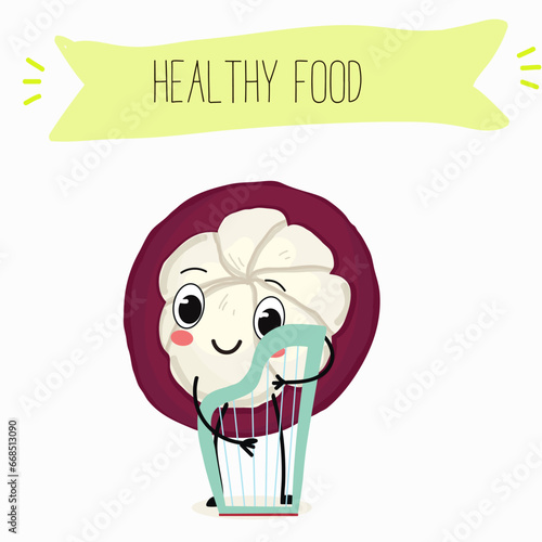 Vector cartoon character mangosteen, funny vegetables, fruits. Fresh harvest, exotic, organic, vegetarian products, children's birthday, price tag, sticker.